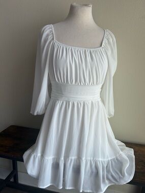 Elegant White Puff-Sleeve Fit & Flare Dress